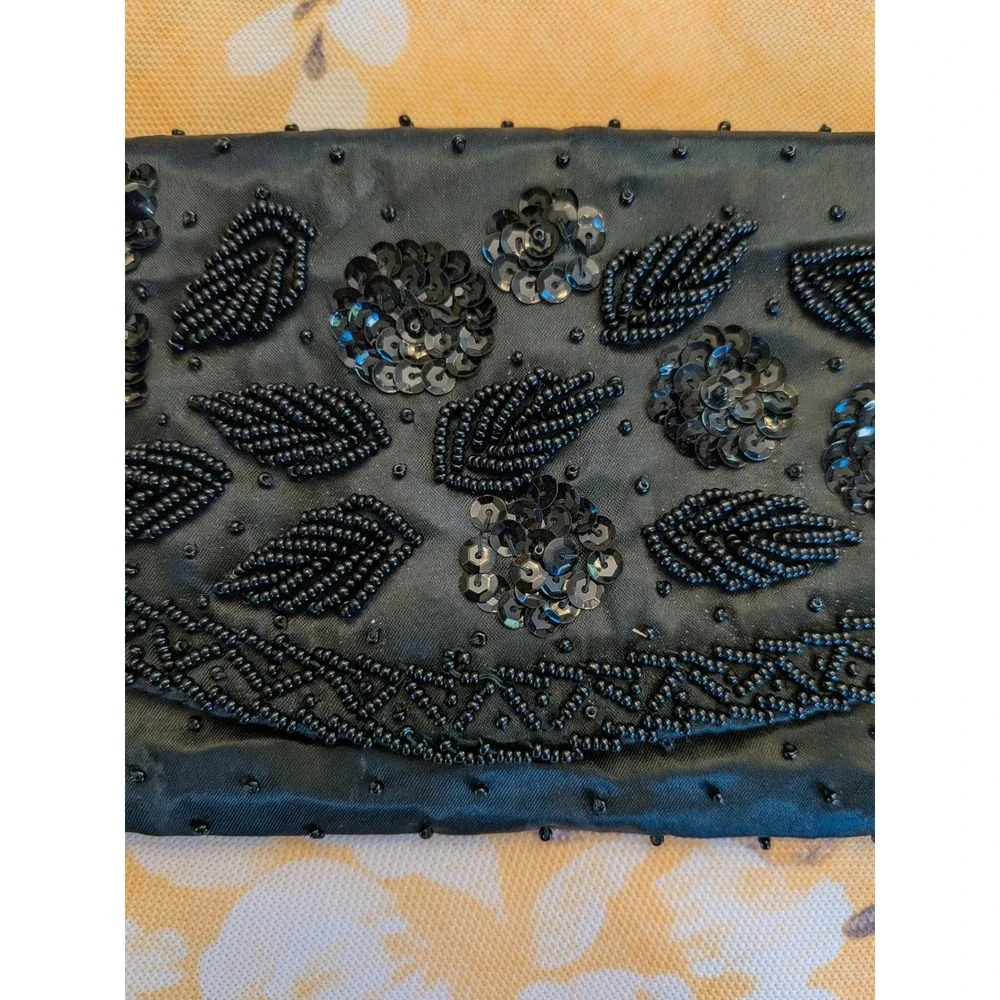 Vintage Black Beaded Sequin Satin Clutch Handbag Hand Made in Hong Kong Floral